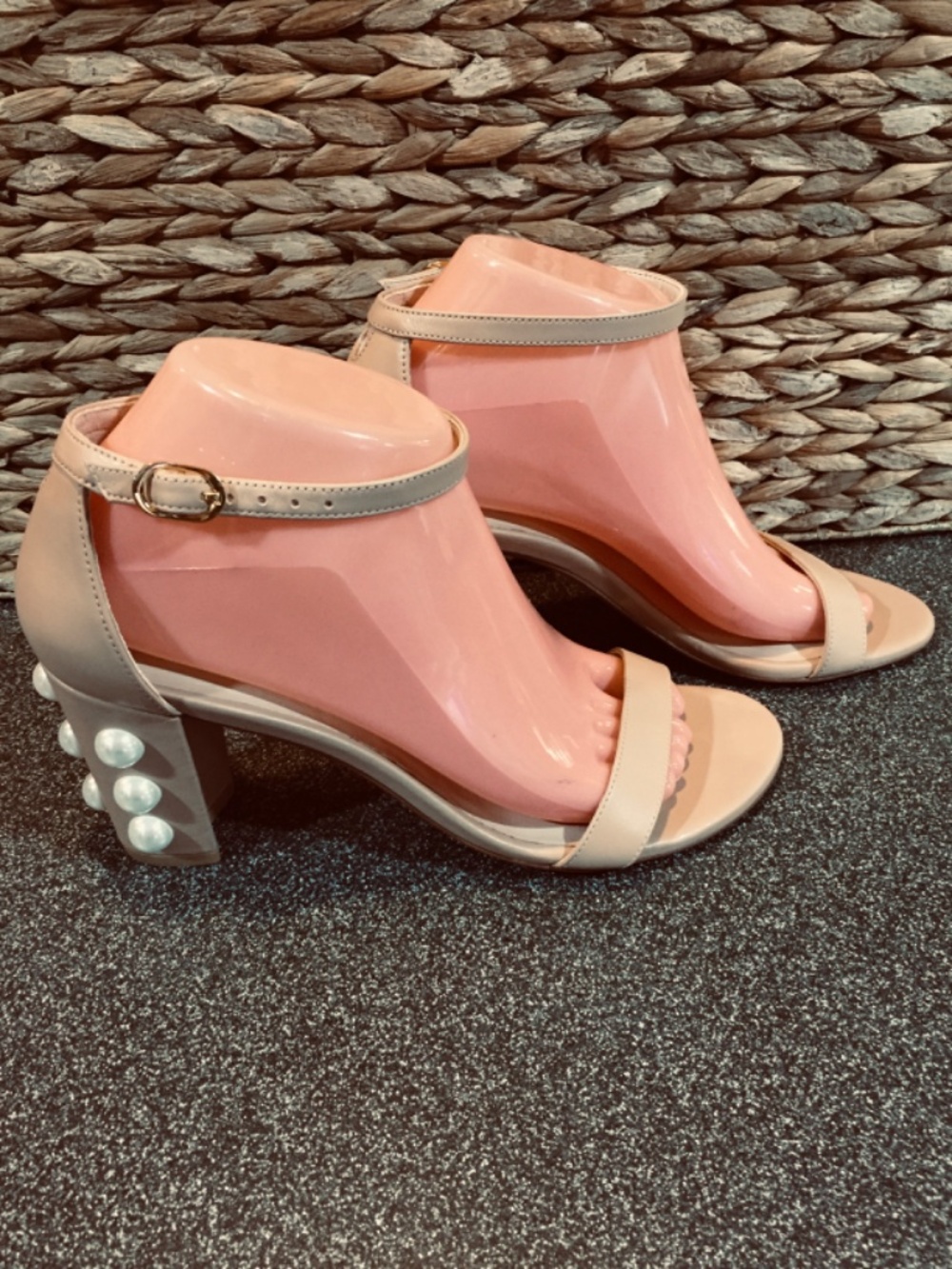 Stuart Weitzman Nude Beige Pearl-Embellished Block Heel Sandals - Picture 6 of 15